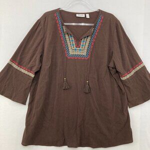 Denim&Co size XL Brown Multi Embroidered Boho Tie Front 3/4 Sleeve Blouse